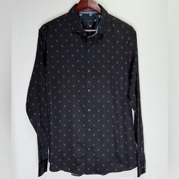 Ted Baker London Men’s Button Down Shirt – Black with Red Geometric Print – L - Picture 2 of 9